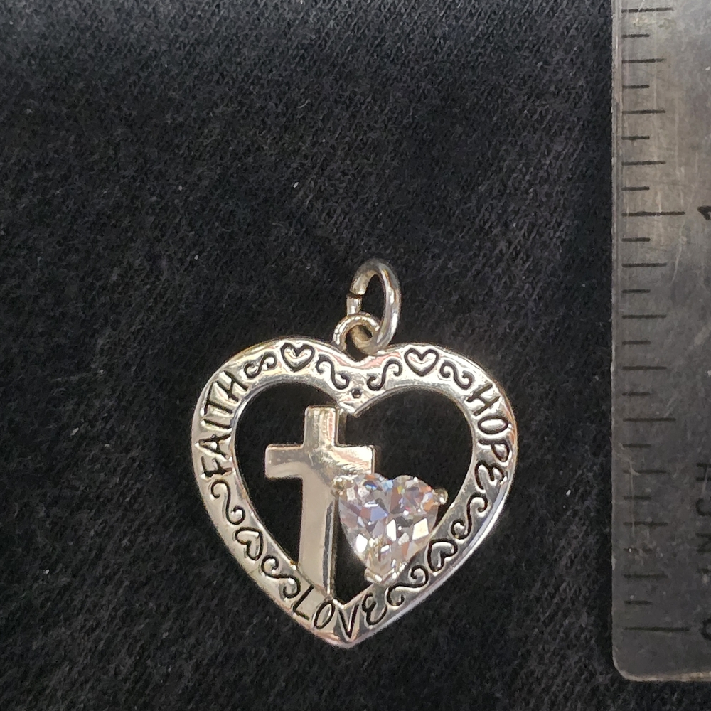 Silver Heart Pendant with Cross and Crystal Accent - Picture 2 of 8